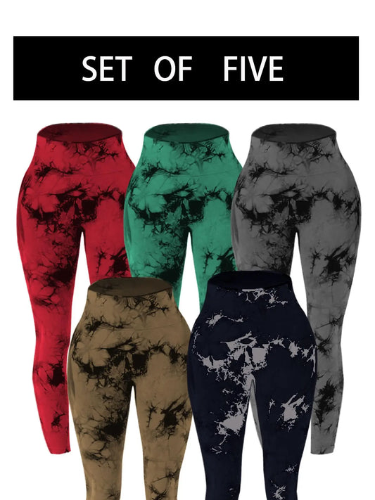 Women'S 5Pcs Tie Dye Print High Waist Scrunch Sports Leggings for Spring, Casual Comfy Breathable Seamless Skinny Pants for Yoga Gym Workout Running, Clothes Women, Women Sport & Outdoor Clothing for Summer Spring Fall