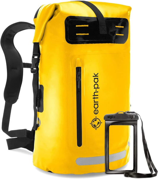 Waterproof Backpack - Heavy Duty Roll-Top Closure with Easy Access Front-Zippered Pocket and Cushioned Padded Back Panel for Comfort with IPX8 Waterproof Phone Case (Yellow, 35L)